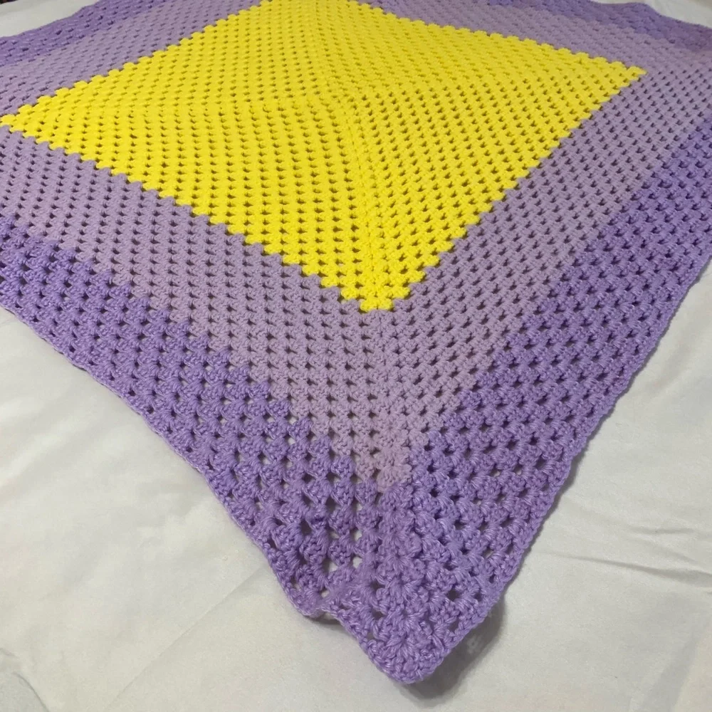 Vintage purple & yellow crocheted blanket throw